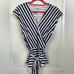 LOFT Black and White Striped Wrap Blouse
